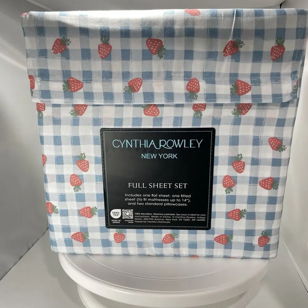 Cynthia Rowley Full Sheet Set Strawberry Gingham Blue Microfiber New